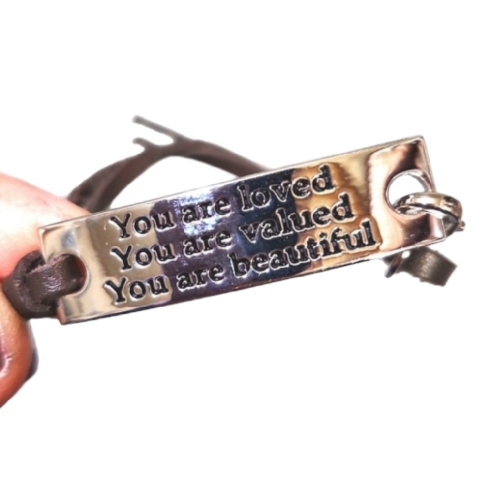 Brown leather steel silver plate saying inspirational bracelet nwot